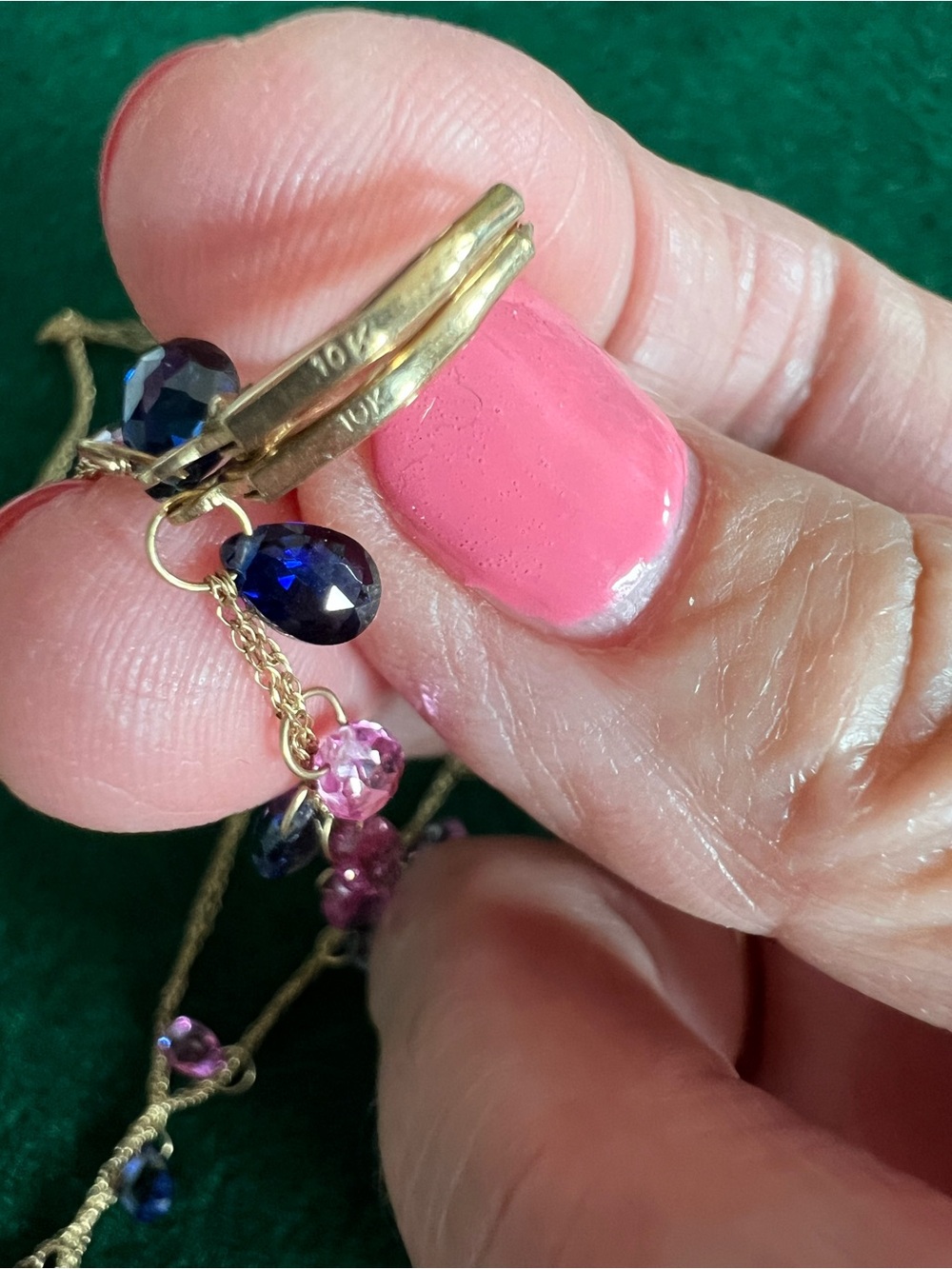 Vintage 10k Solid Gold Pink & Blue Sapphire Briolette Necklace and Earrings Set - Picture 7 of 14